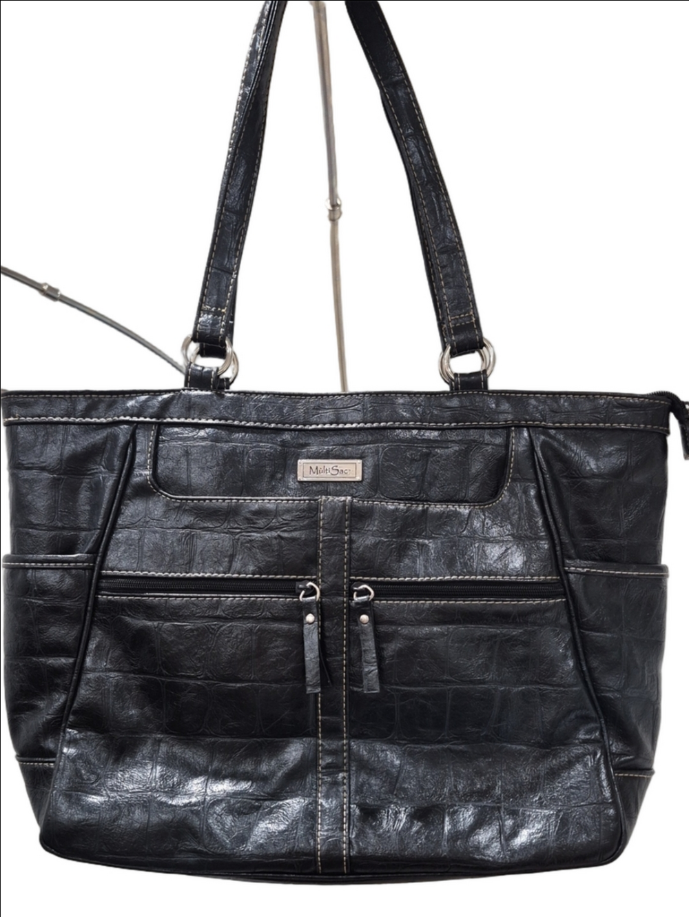 MultiSac Black Faux Crocodile Embossed Crossbody Shoulder Bag Zipper Pockets